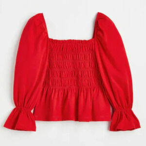 H&M smocked babydoll top long sleeve blouse square neck bell puff ruffles